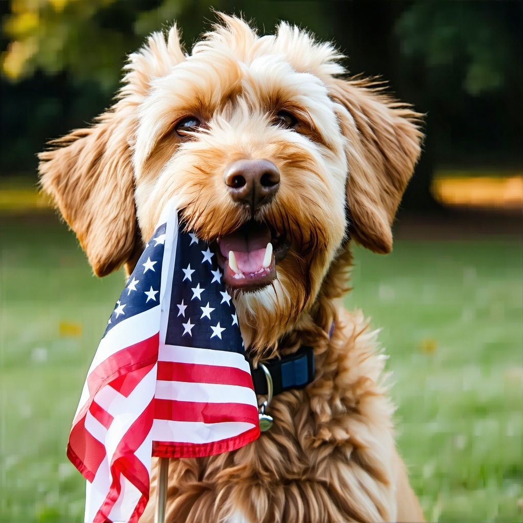 dog on july 4th realistic goldendoodle holding flag in his mouth outside-1