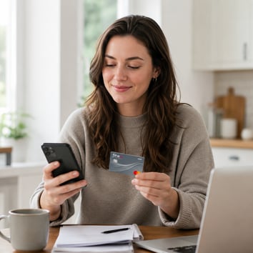 Woman on Phone 2 Debit Card Photo